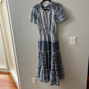 Sea New York Bella Midi Dress Women's size 8 Blue Floral Boho Peasant